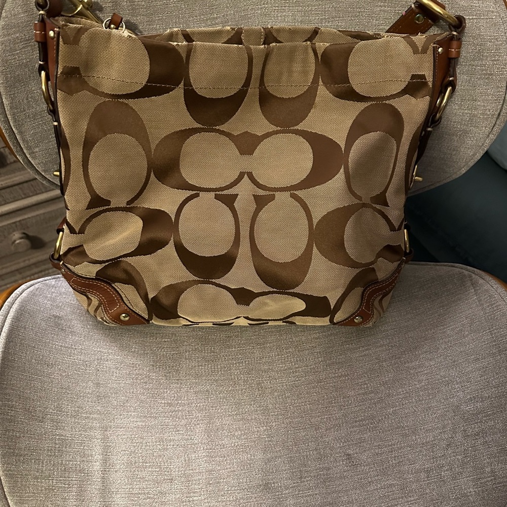 Coach Tan and Brown Signature Shoulder Bag